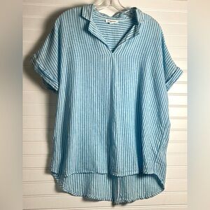 Anthropologie Beachlunchlounge blue white stripe short sleeve blouse size Large
